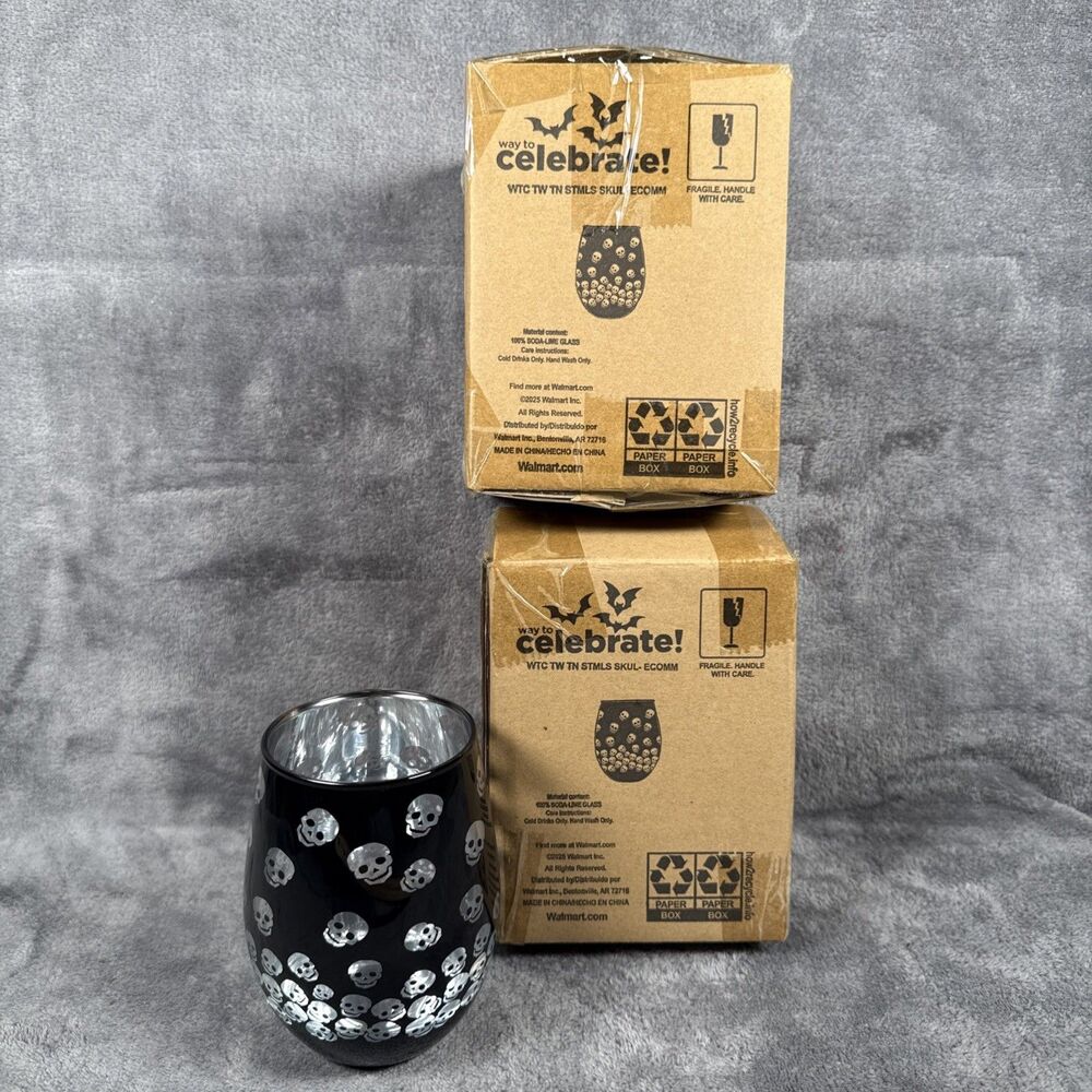 Way to Celebrate Halloween Skull Stemless Wine Glasses Set of 2 Black Silver